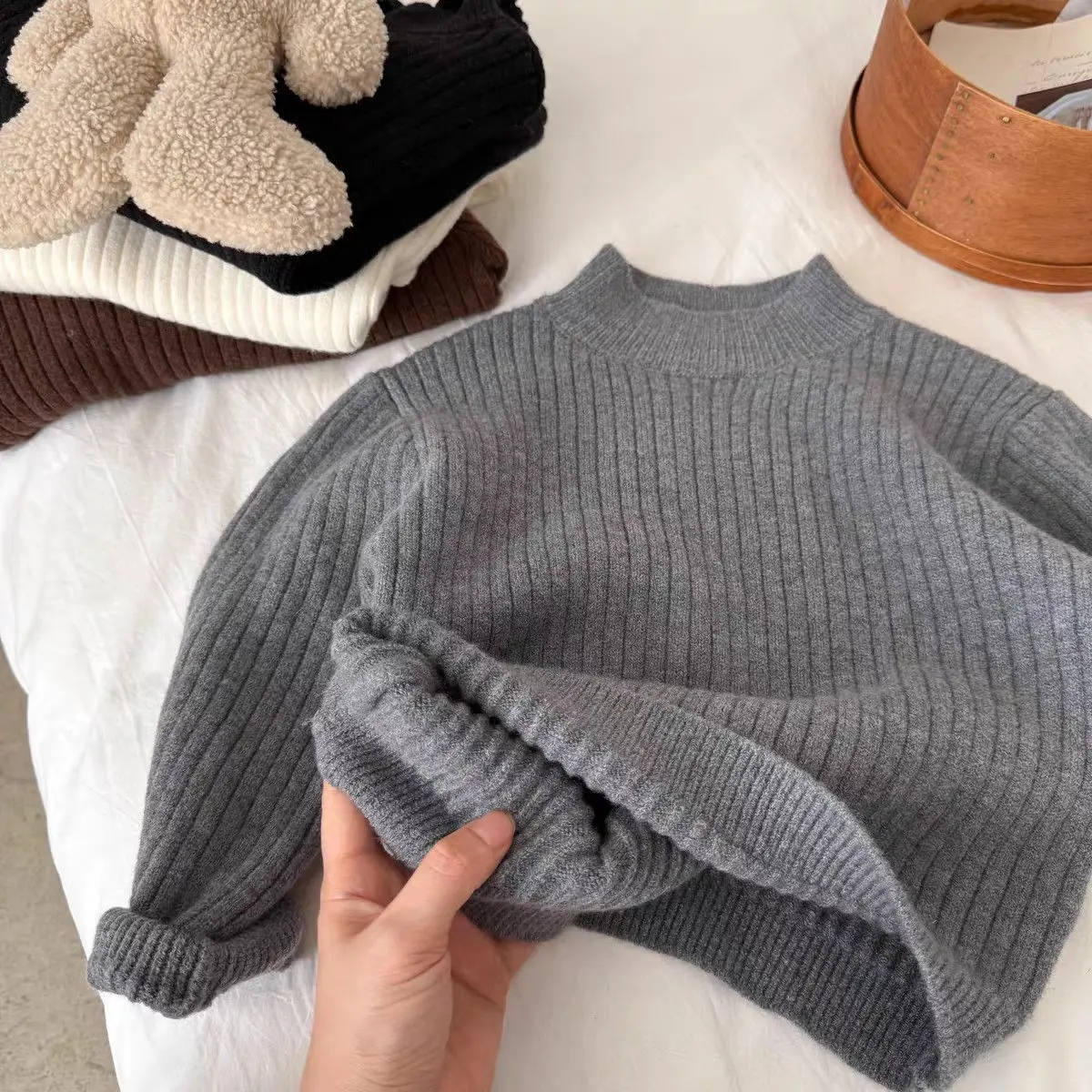 Boys Knit Sweater 2026 Autumn Winter New Kids Korean Style Solid Color Thick Warm Pullover Toddler Fashion Base Layer Top