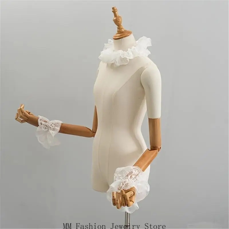 Sheer White Lace Collar and Wrist Cuffs Set, Detachable Accessory for Photo Styling and Party Night Looks D0UB