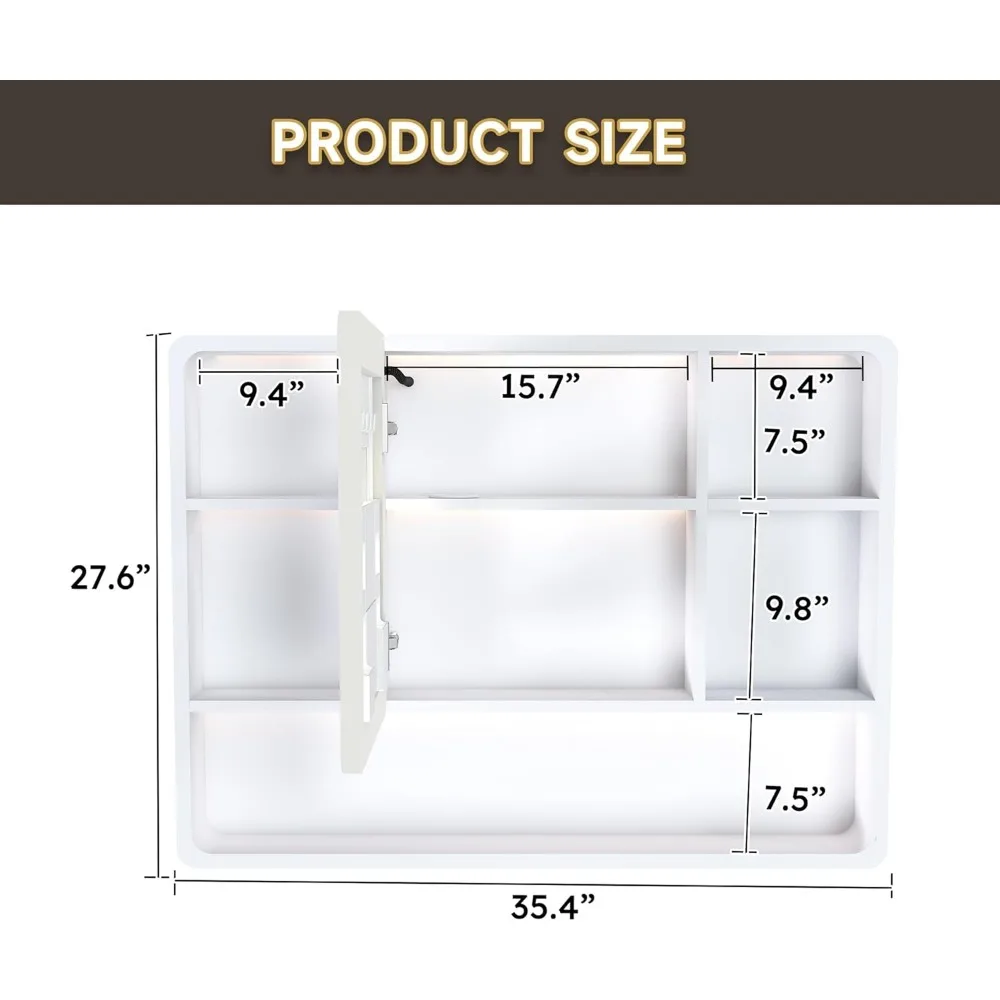 Armário de remédios com espelho, armário de banheiro de montagem na parede 35 "x 28" sobre organizador de armário de armazenamento de banheiro com prateleiras abertas, mir