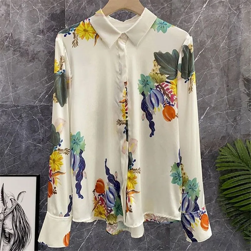 

Новая женская сшитая рубашка-поло с воротником и пуговицами, модная атласная рубашка с длинным рукавом в стиле ретро с рисунком маслом