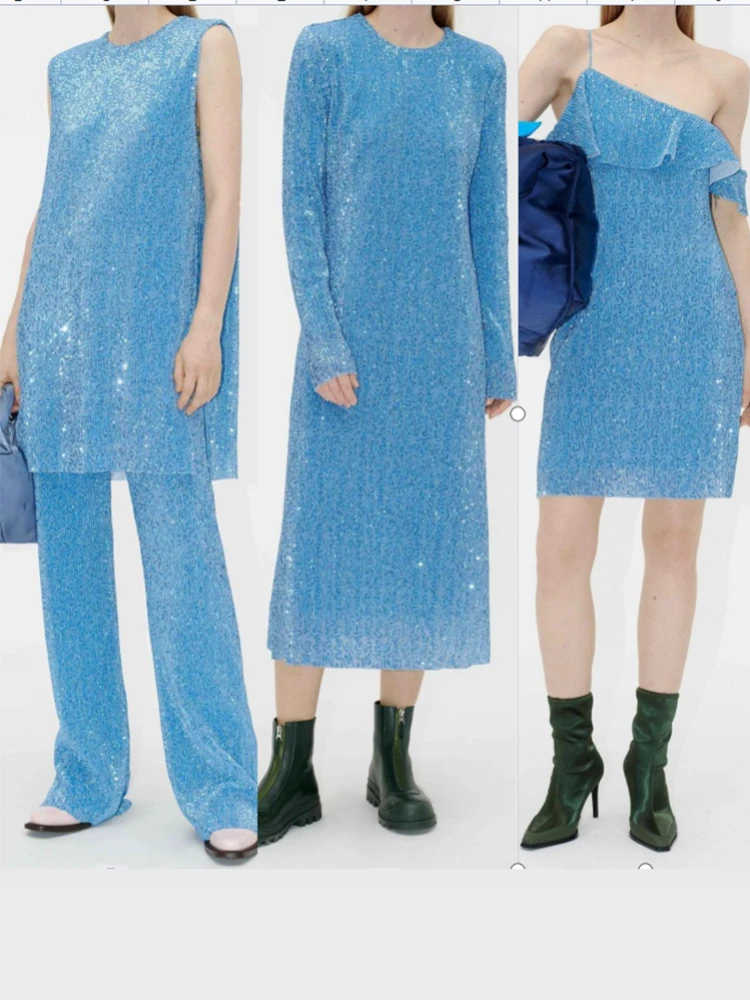 New In Sequin-design Midi Dress High Quality Sparkling Ice Blue Ocean Sense Loose Dress Tops Pants Skirt Shirt Special Occasions