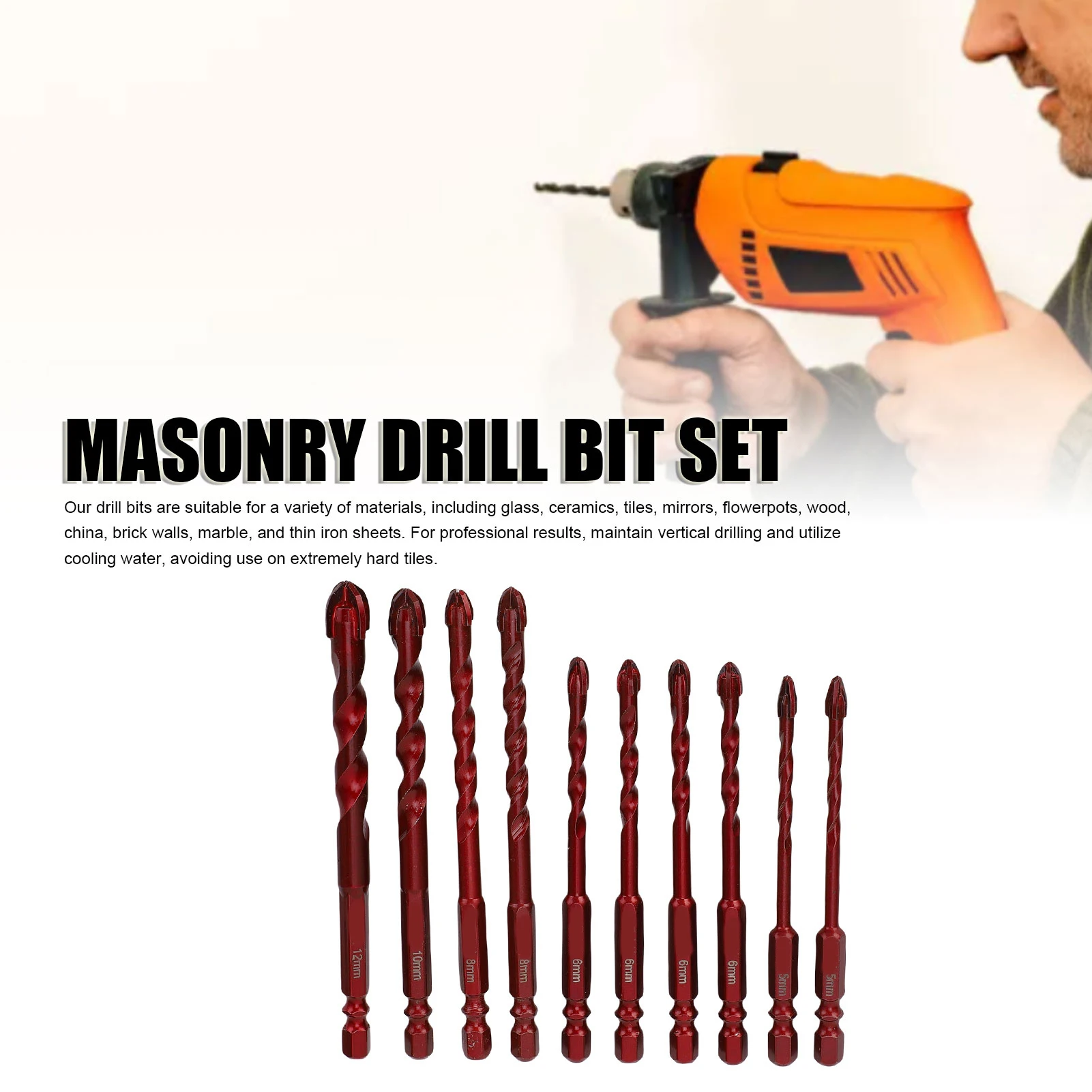 

10 шт., набор сверл для каменной кладки от 5 до 12 мм, 3/16 дюйма до 1/2 дюйма, 1/4 дюйма, набор керамических сверл с шестигранным хвостовиком для дерева, пластика