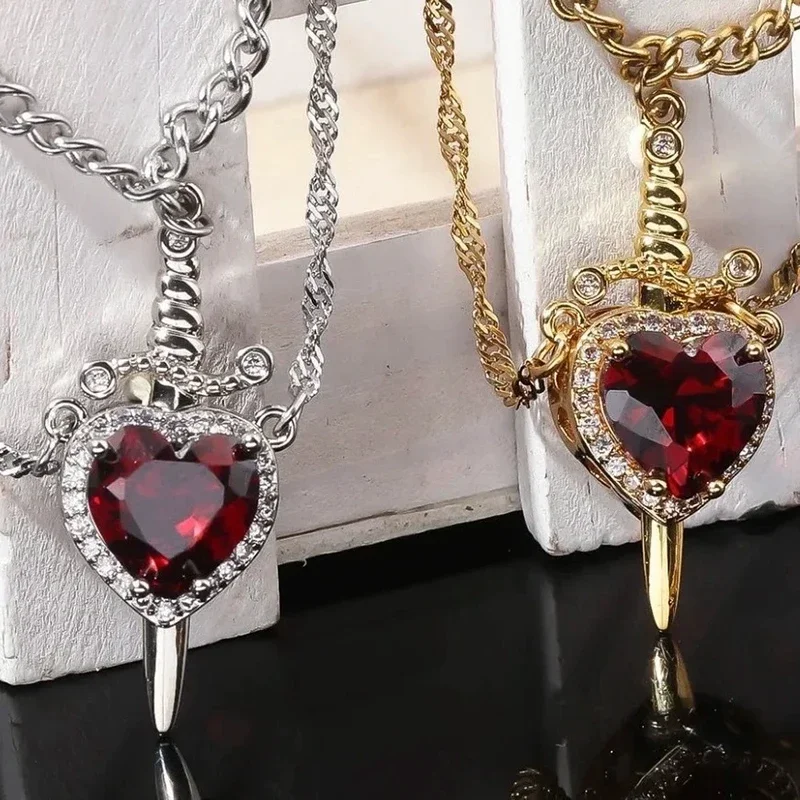 1 Juego de collar con forma de espada y corazón, collares de pareja de cristal de acero inoxidable de Color dorado y plateado para mujeres, hombres, novio y novia