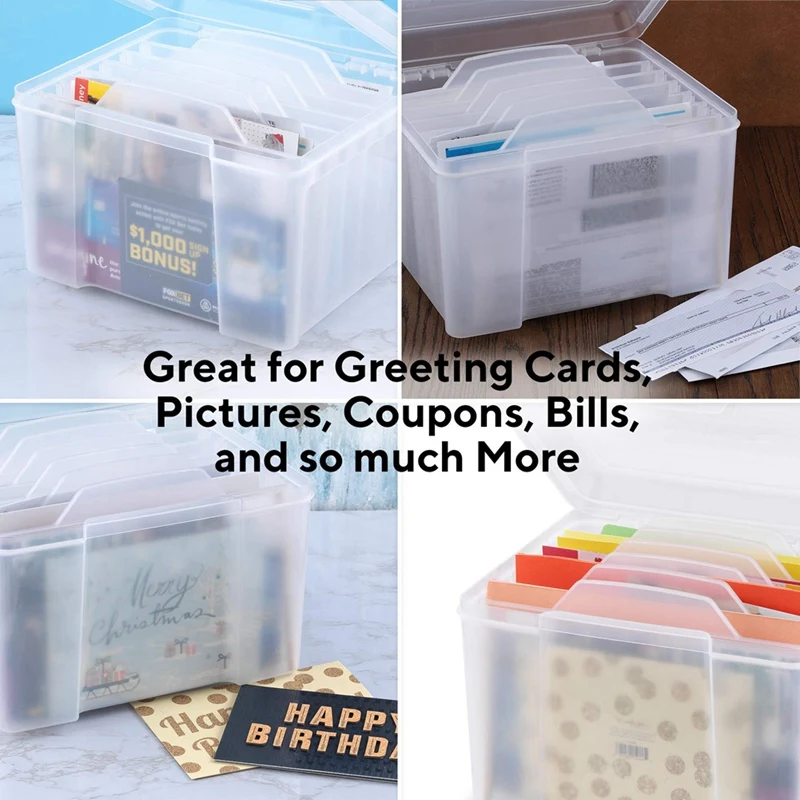 Greeting Card Organizer & Storage Box With 6 Adjustable Dividers For Holiday Birthday Get Well Cards Photos, Crafts Ect.