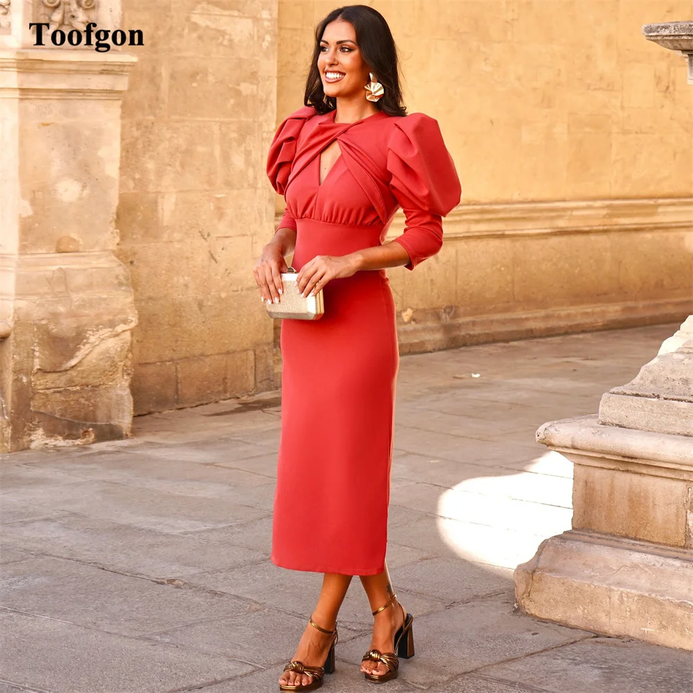 

Toofgon Orange Mermaid Midi Prom Dresses Customized 3/4 Sleeves Saudi Arbic Formal Evening Gowns Women Birthday Occasion Dress