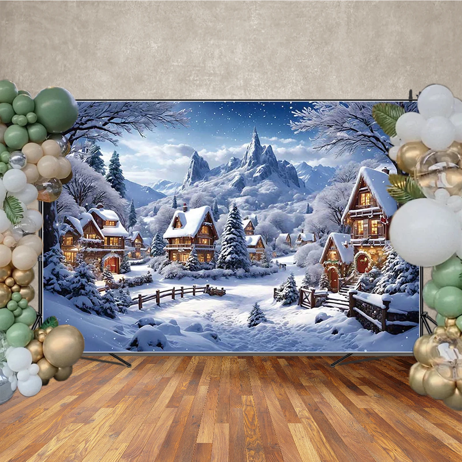 

MOON.QG Backdrop Decoration Wihte Winter Christmas House Pine Shooting Props Photozone Party Supplies Background Photography