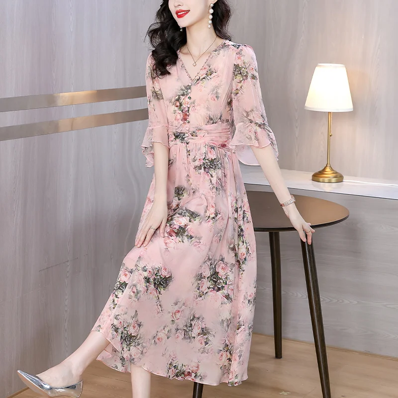 Women Boho Pink Floral Silk Midi Dress Spring Summer Short Sleeve Bodycon New in Dress 2025 Korean Fashion Elegant Party Dress