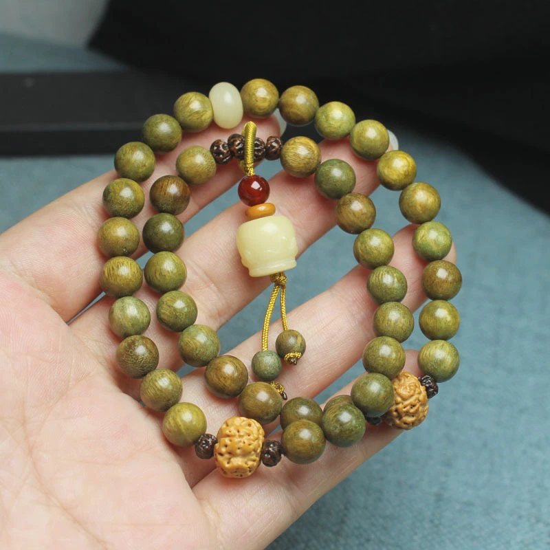 Green Sandalwood 8mm Double-Layer Bracelet with Milk Can Pendant, Unisex Decorative Jewelry 3