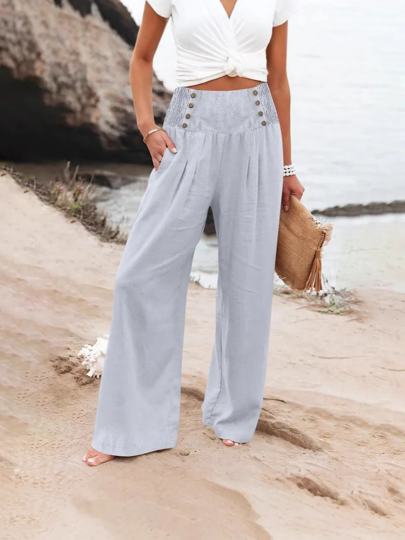 

Women's Spring Summer Linen Wide Leg Pants High Waist Button Decor Casual Beach Euro American Trousers