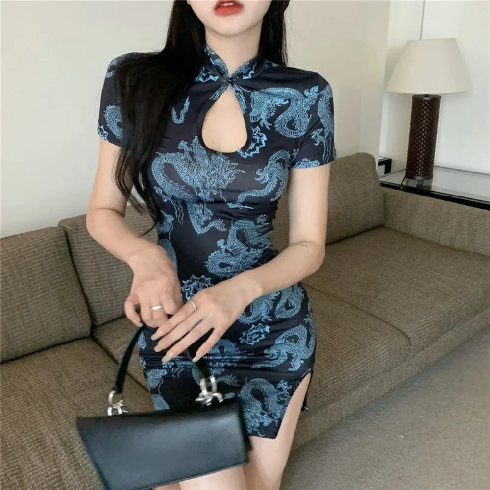 Traditional Slim Dragon Print Cheongsam Vintage Forking Chinese Cheongsam Dress Short Sleeve Hollowing Out Women's Clothing Lady