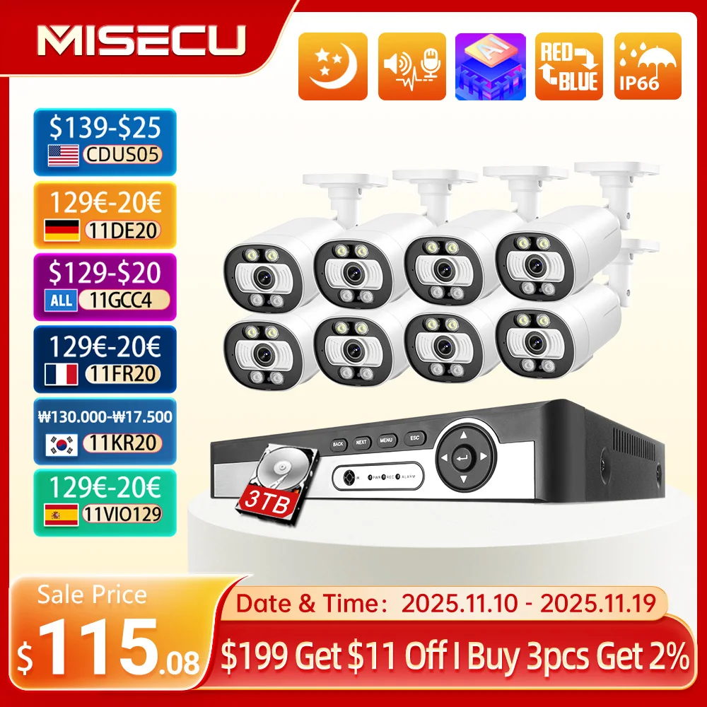 Misecu 8CH 4K 5MP POE Security AI Camera System Face Detect 8MP CCTV Record Surveillance Protection Kit Color Night Vision NVR