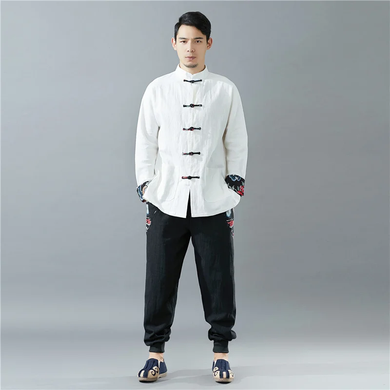 Patchwork Long Sleeve Blouse Men Clothes Flax Tang Suit White Blusas Handmade Chinese Knot Buttons Black Linen Shirts