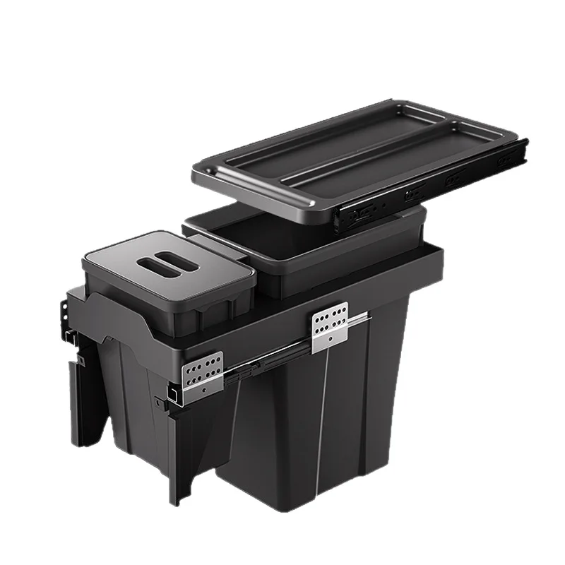 Kitchen cabinet embedded trash can embedded with lid built-in double bucket