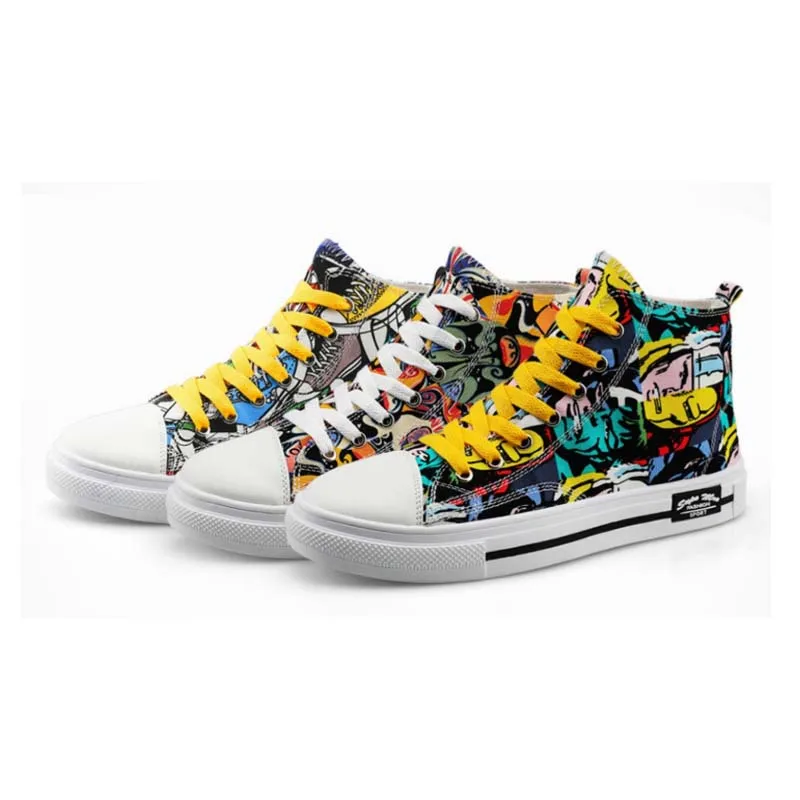 

Men colorful high top canvas shoes fashion print couple shoes student casual sneakers board shoes