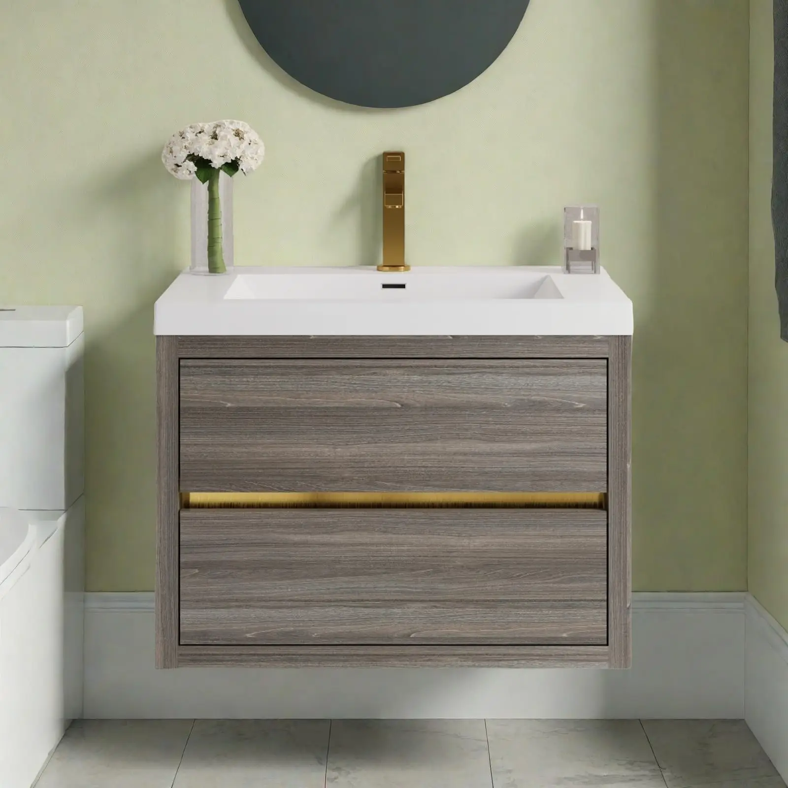 

Небольшой настенный туалетный столик для ванной комнаты. Плавающий туалетный столик со встроенной раковиной из смолы.