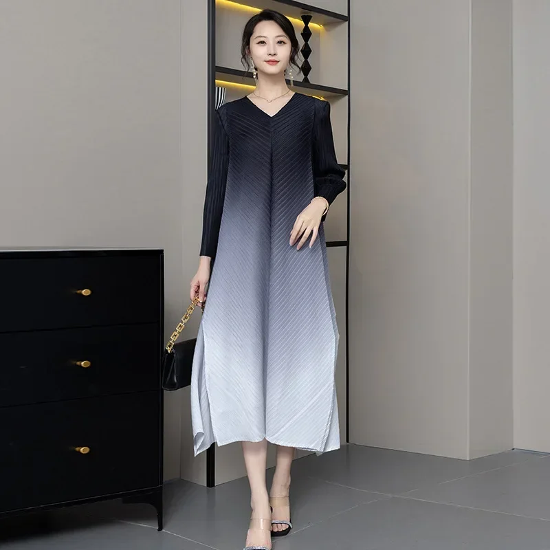 Miyake Fold Gradual Change Color Dress 2024 Autumn New Niche Design High Sense Thin A Word Maxi Dresses for Women