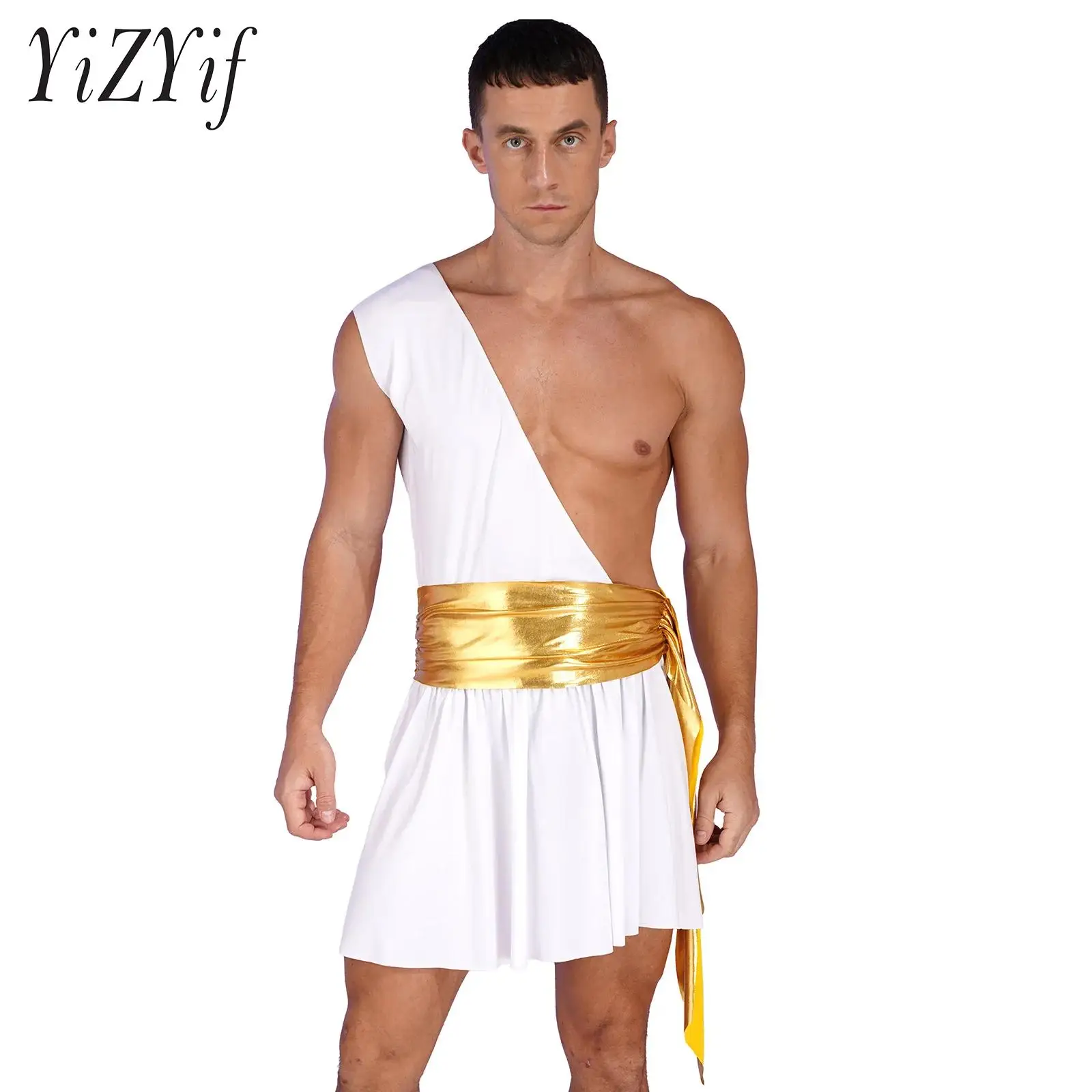 

Men Ancient Greek Halloween Cosplay Outfit One Shoulder Dresses Style Clothing Metallic Ruched Belted Stage Performance Costume