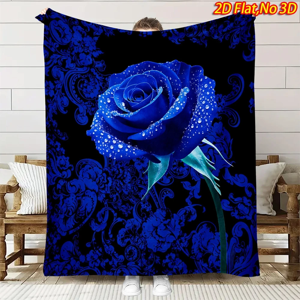 1pc 2D Flat Printing Spring & Summer New Arrival Blue Rose Themed Flannel Blanket, 100% Polyester Fiber High-Definition Digital