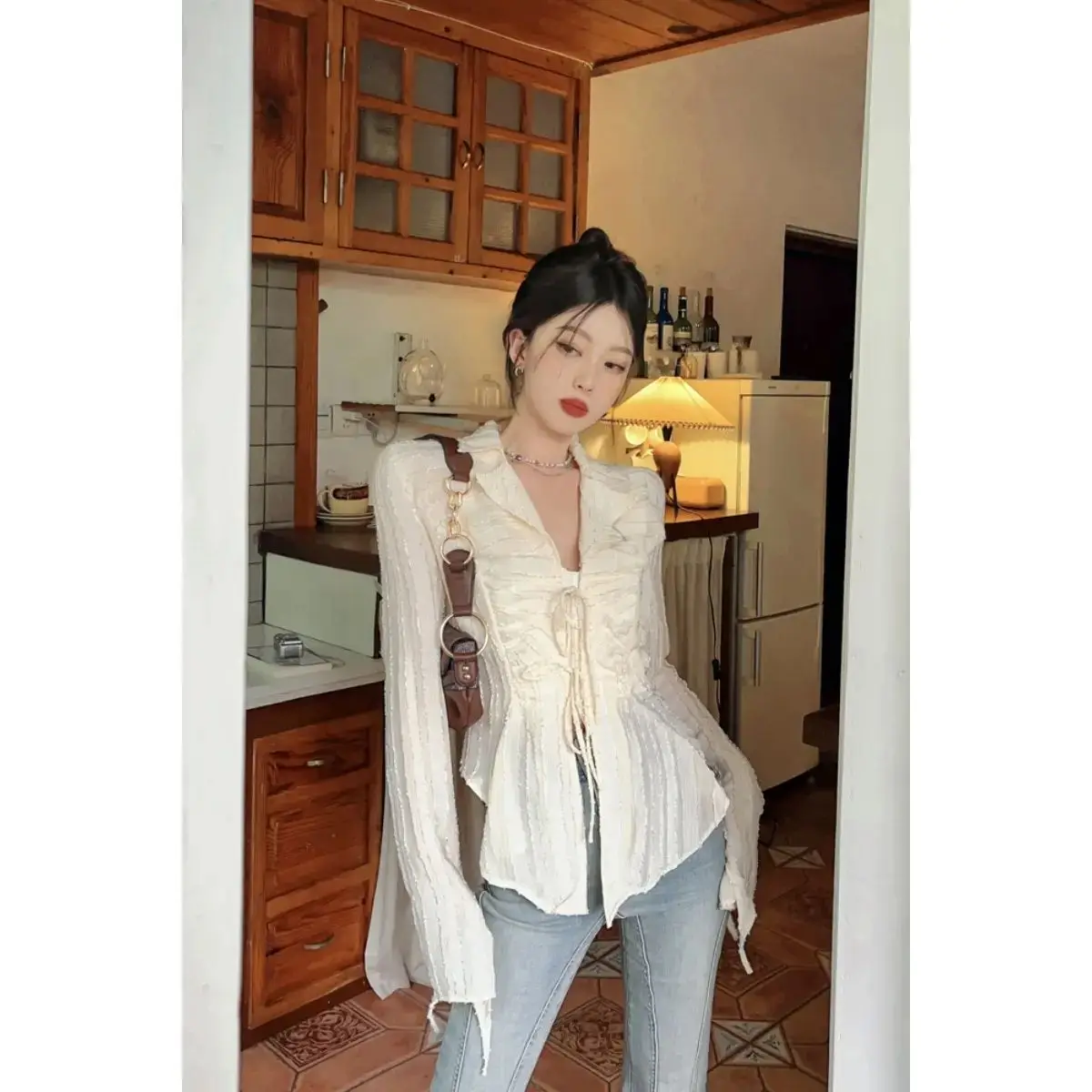 Apricot Color Chiffon Sunscreen Shirt Women Spring Slim Long Sleeved V-neck Asymmetrical Niche Lacing Comfortable All-match Tops