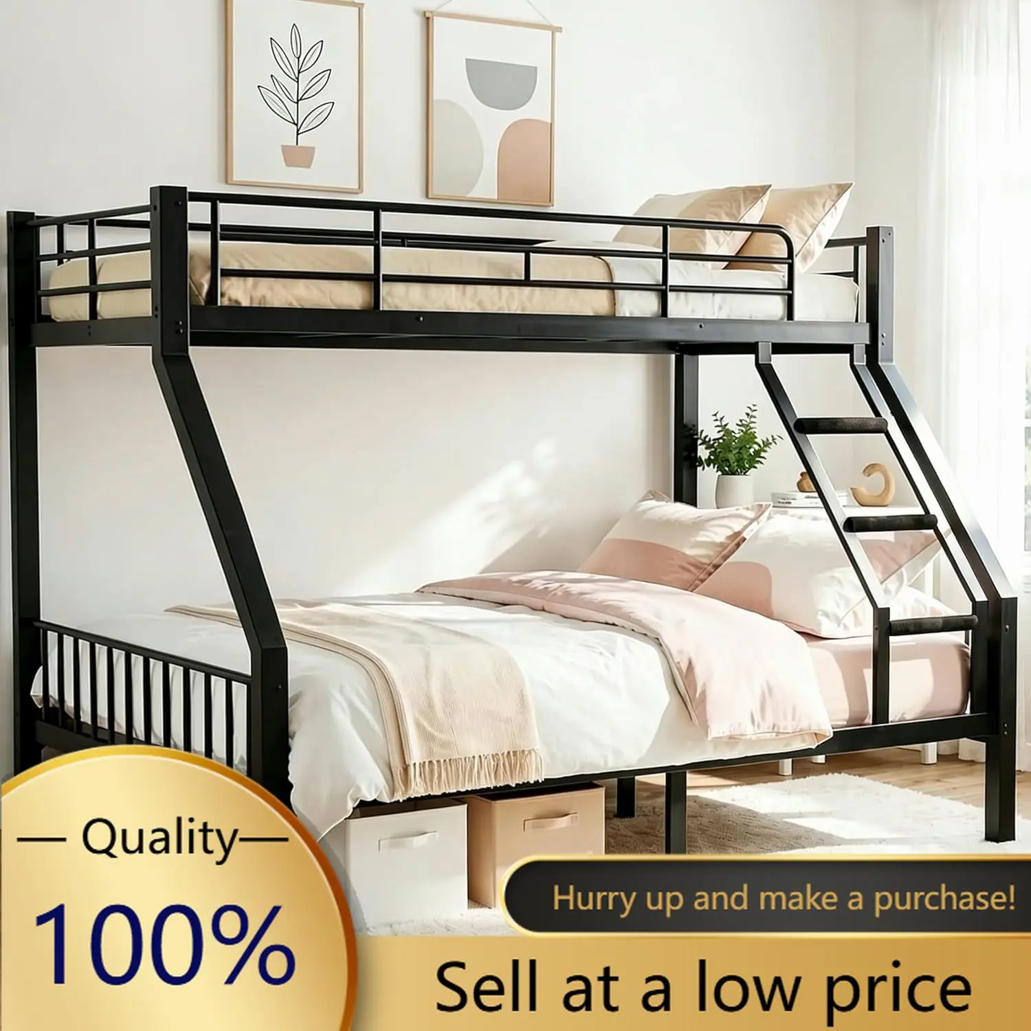 Twin XL Over Queen Bunk Bed, Heavy Duty Bed Frame with Guardrails & Ladder | Metal Bunk Bed, 400 lbs Top Bunk & 600 lbs Bottom B