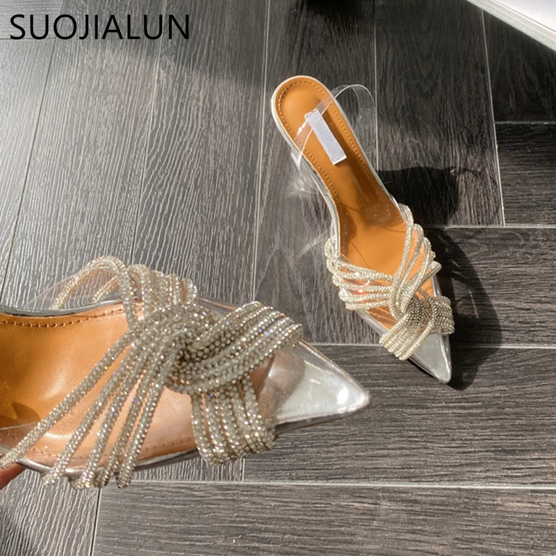 SUOJIALUN 2023 Spring New Pointed Toe Women Sandal Shoes Thin High Heel Ladies Fashion Crystal Bow-knot Dress Party Pumps Shoes