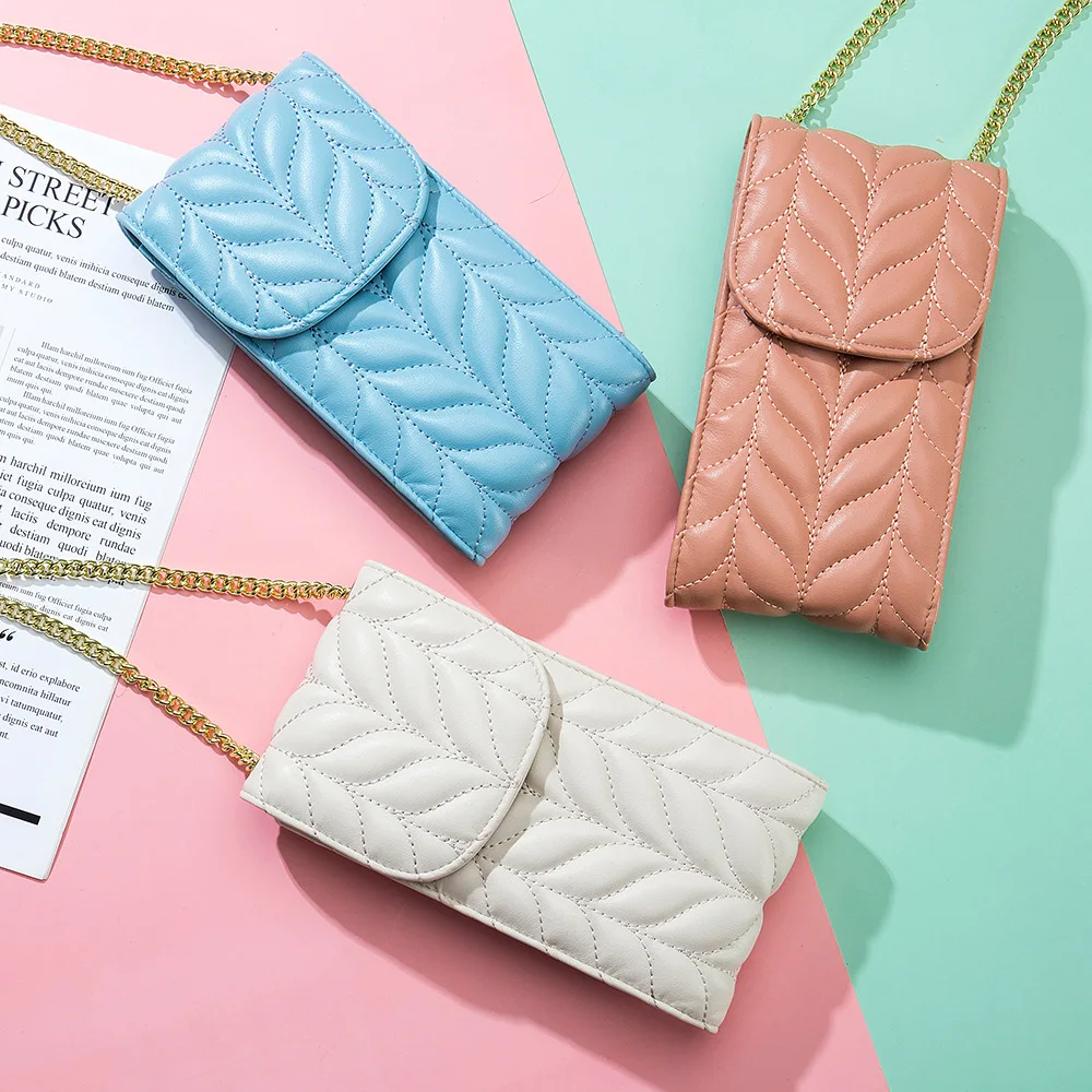 Genuine Leather Vertical Mobile Phone Bag Lingge Chain Bag Multi Functional Fashion Crossbody Mobile Phone Bag