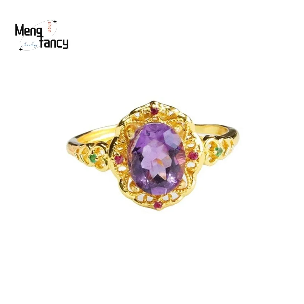 Natural Amethyst Simple Exquisite Ring Coloured Gemstone High-grade Elegant Luxury Fashion Jewellery Couple Promise Holiday Gift