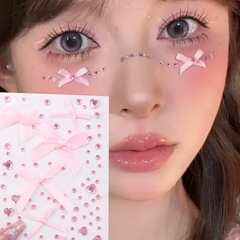 ピンクの弓ラインストーンタトゥーステッカー顔 DIY メイクレッドダイヤモンドパール弓一時的なタトゥーステッカー自己粘着パーティーフェスティバル