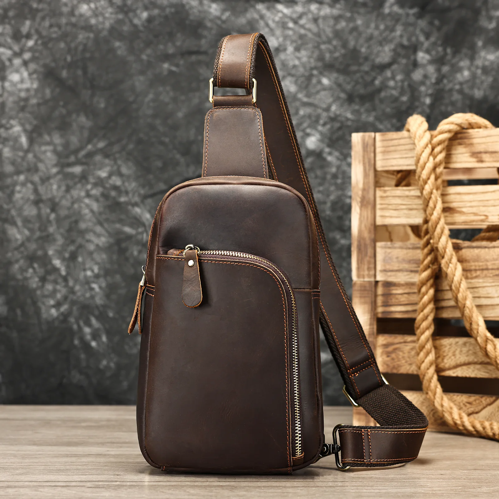 

Men Crazy Horse Leather Chest Bag Premium Vintage Casual Outdoor Sports Crossbody Mini Bag