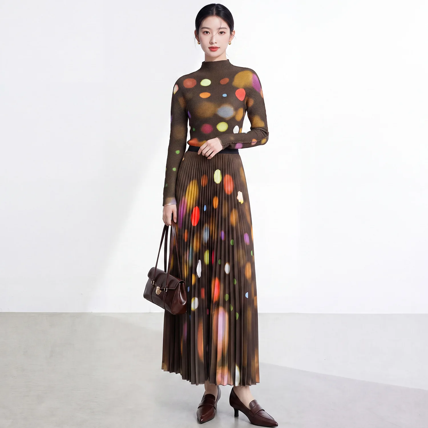 Miyake Retro Color Dot Print Suit Women's Pleated T-Shirt Long Sleeve Line Skirt Elegant Clothing 2026 Summer New Style