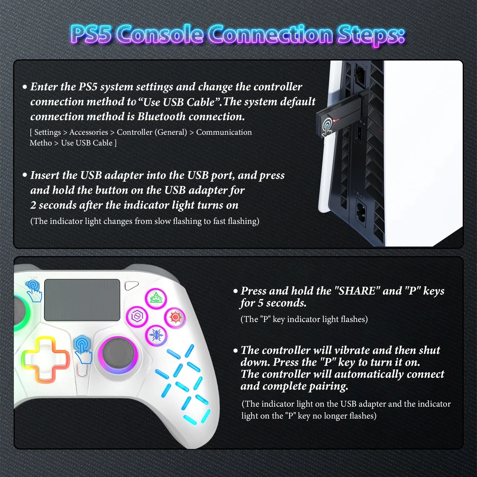 Playstation5 Controller For Ps5/Ps4/Ps3/Switch/PC LED RGB Light Support Vibration Function/Programming/Turbo Wireless Gamepad