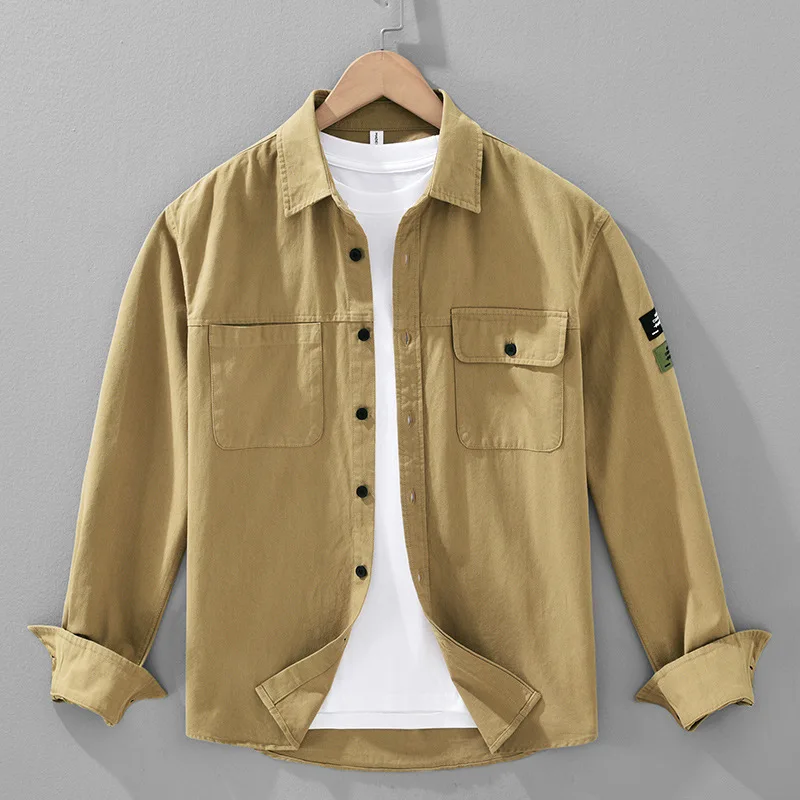 

2025 весенне-осенняя мужская рабочая одежда, повседневная рубашка с длинными рукавами, 100% хлопок, модная этикетка с рукавами, модная верхняя одежда для молодежи