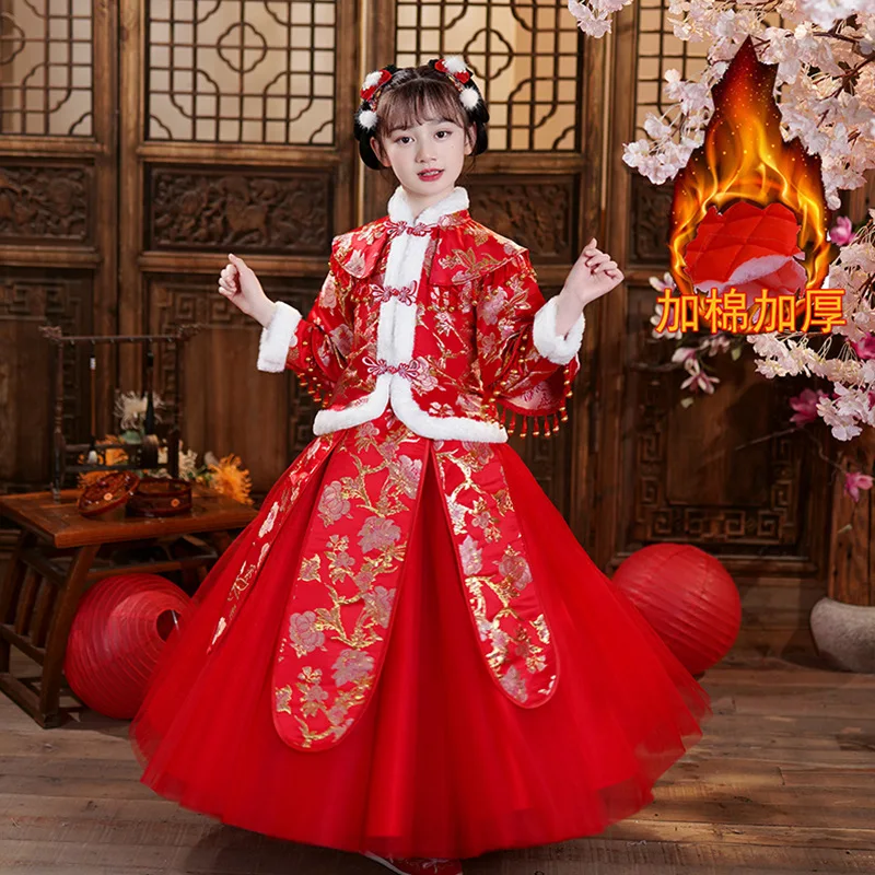 

2 Pcs Girl Hanfu Dress For Winter New Year Clothes Tang Suit Chinese Style Plus Velvet Tassel Red Print Embroidery Dresses