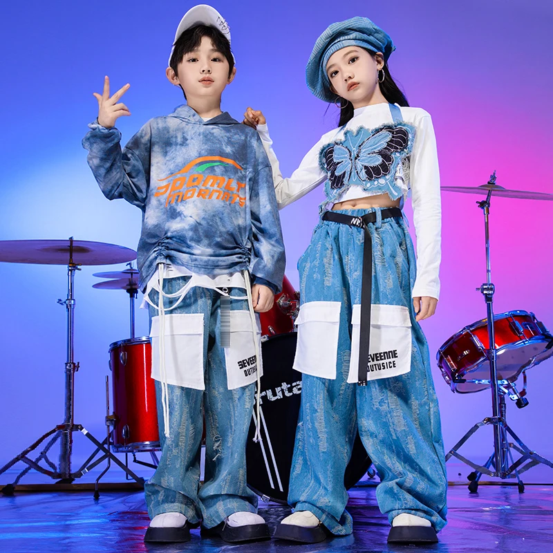 2024 Kids Jazz Dance Costume Girls Kpop Denim Vest Tops Boys Loose Hoodies Hip Hop Performance Outfits Stage Clothes BL12197