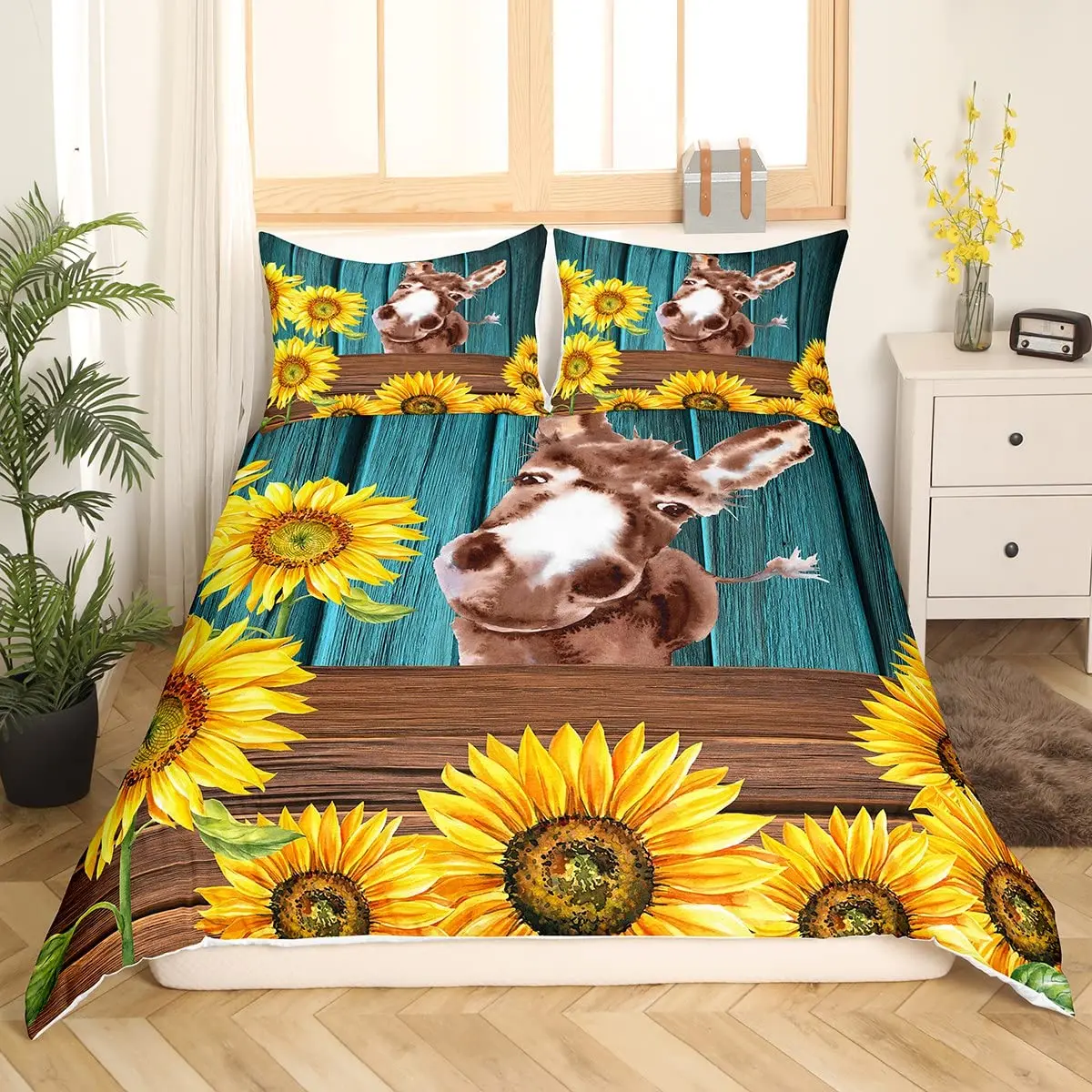 Donkey King Queen Duvet Cover Cartoon Funny Donkey Bedding Set Farmhouse Animal Comforter Cove Sunflower Polyester Quilt Cover