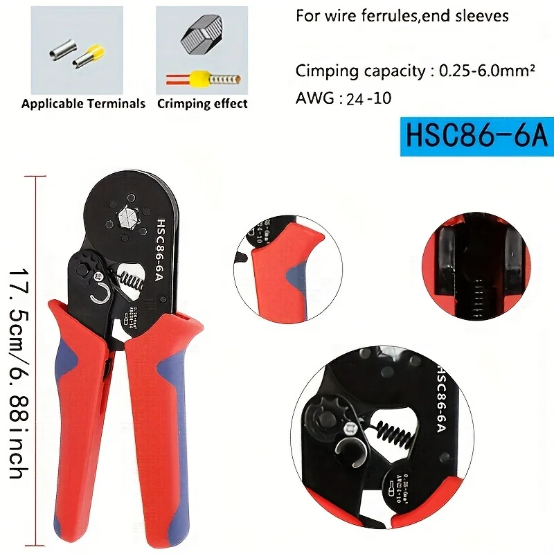 1pc Crimping Pliers, Tubular Terminal Crimping Pliers, HSC8 6-4A/0.25-10mm ², HSC8 6-6A/0.25-6mm ², High Precision Fixtures, Har