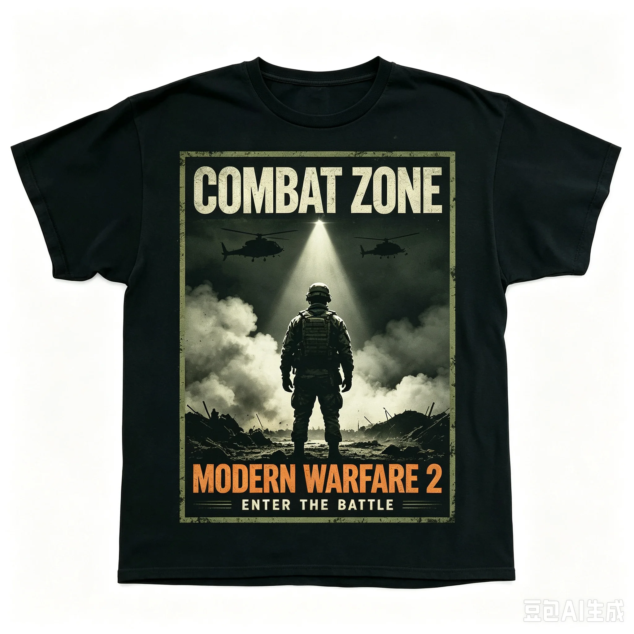 Combat Zone Modern Warfare 2 Enter The Battle Game Poster Graphic T‑Shirt Military Soldier Helicopter Print Unisex Cotton Streetwear Short Sleeve Tops for Men Women Video Game Fan Gift