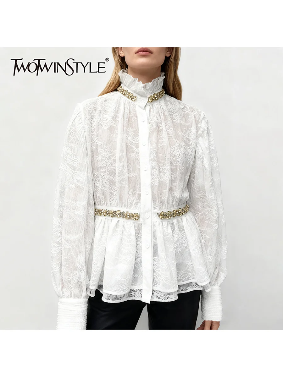 

TWOTWINSTYLE Loose Spliced Bead Casual Shirts for Women Stand Neck Long Sleeves Patchwork Ruffles Folds Elegant Shirt Female New