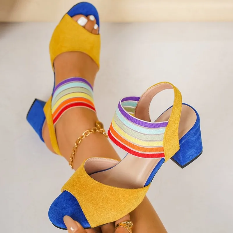 Summer Casual Fashionable Rainbow Strap Women's Heels 2026 New Style Round Toe Square Heel Women Shoes Мюли Женские На Каблуке