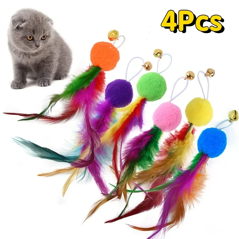 4Pcs Interactive Cat Feather Toys With Bell Colorful Cat Wand Replacement Parts Toy Fun Entertainment Cat Toys Random Color