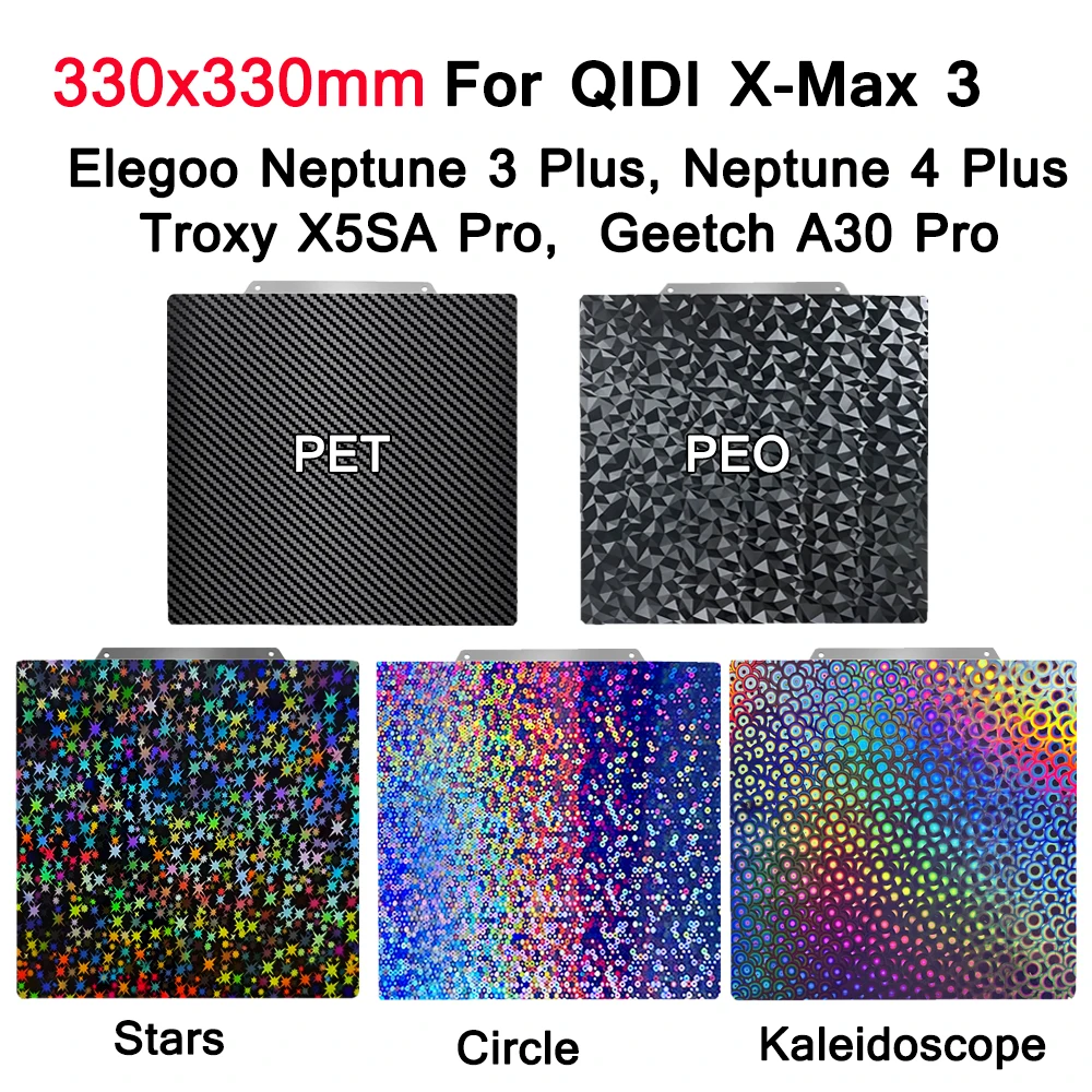 

Double Side Heated Bed PEI Sheet For QIDI X-Max 3, Elegoo Neptune 4/3 Plus, Geetch A30 Pro, Troxy X5SA Pro PEI Build Plate Parts