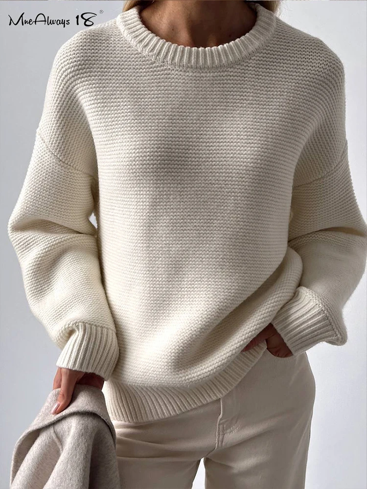 Mnealways18 White Elegant Inner Ribbed Knitted Sweater Women Long Sleeves Solid Warm Pullover Tops Autumn Winter 2024 Casual Top