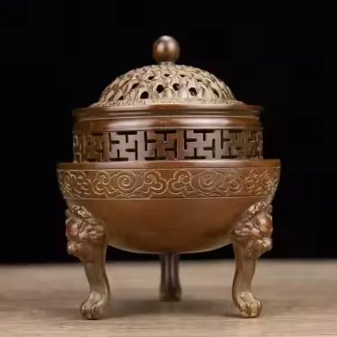 Bronze three-layer lion foot auspicious cloud pattern incense burner home tea ceremony sandalwood plate ornament decoration