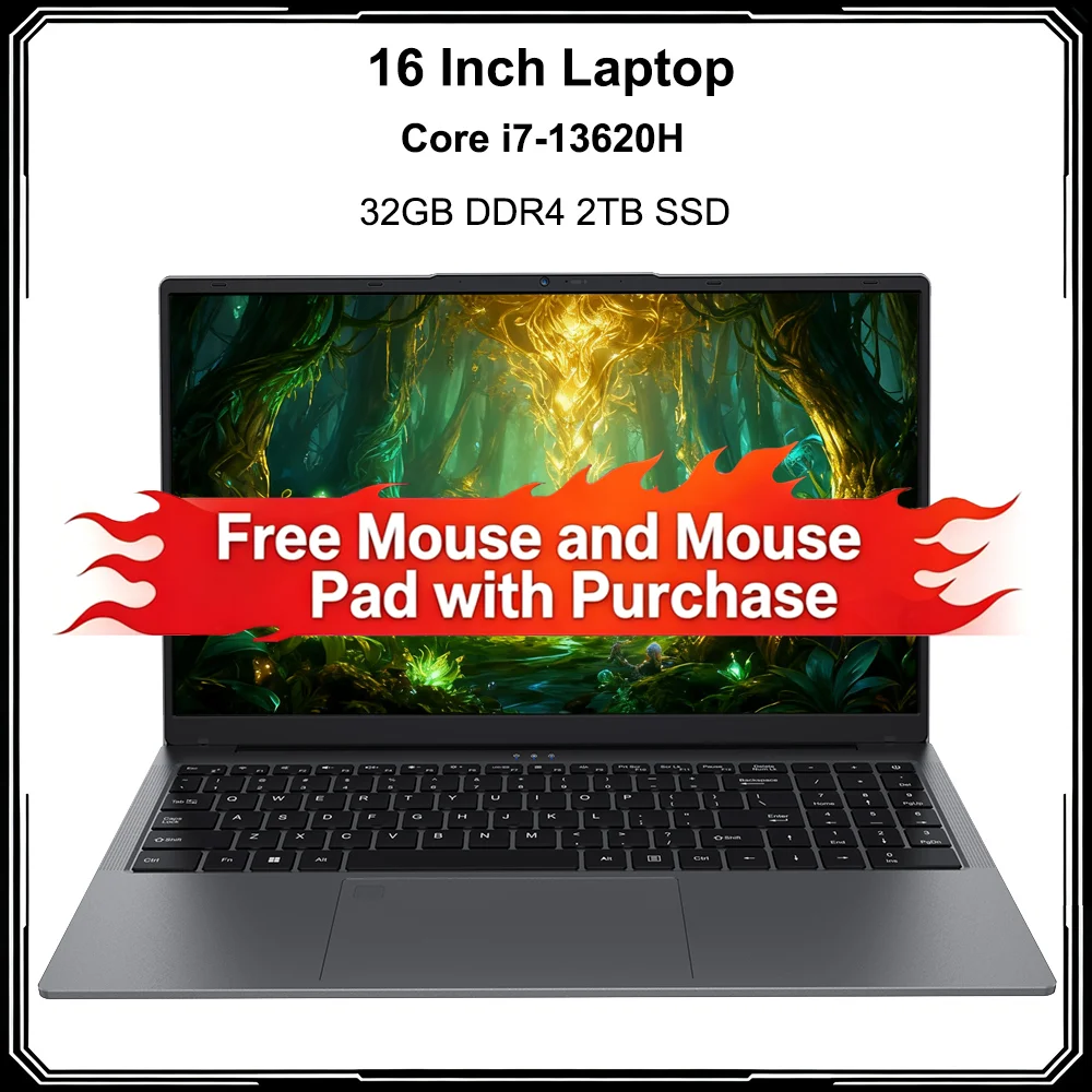16 Inch Office Laptop Intel Core i7-13620H 32GB DDR4 2TB SSD Windows11 Fingerprint Unlock WIFI BT Business Notebook
