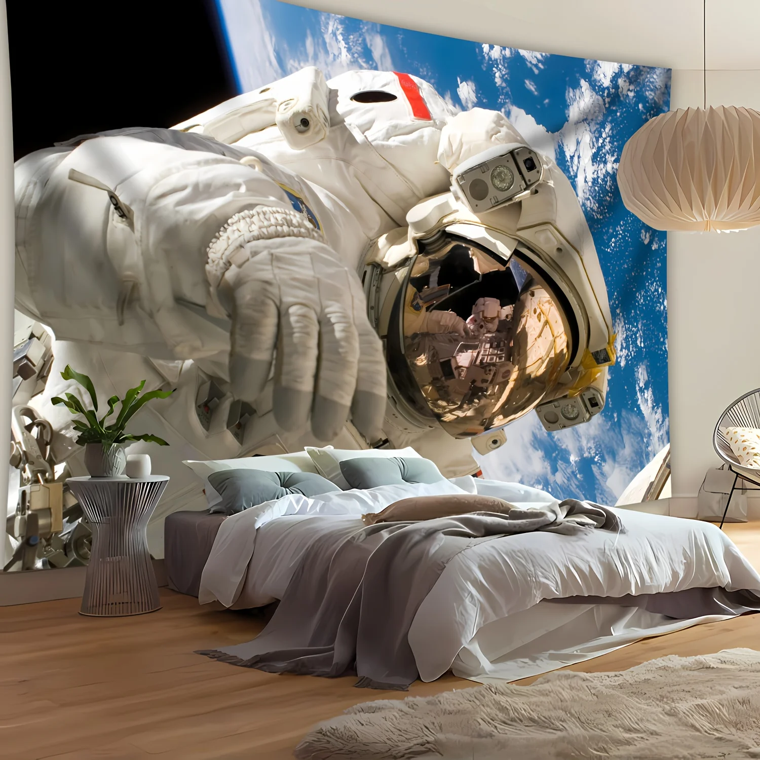 Astronaut Space Tapestry, Realistic Earth View & Helmet Reflection, Sci-Fi Wall Hanging, Galaxy Bedroom Decor Cosmic Exploration