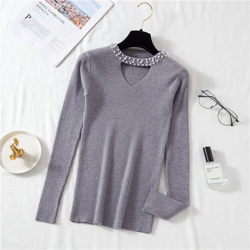 

2022 Women's Fall Winter New O Neck Long Sleeve Slim Fit Hollow Beaded Pullover Knit Sweater For Fashion