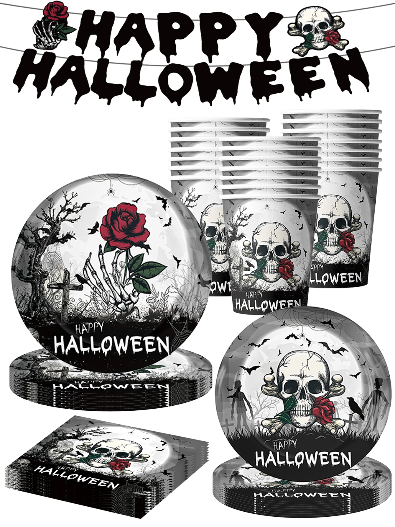 50 Stück Halloween-Totenkopf-Pappteller, Kürbis- und Fledermaus-Geschirrset, perfekt für Halloween-Party-Dessert-Dekorationen