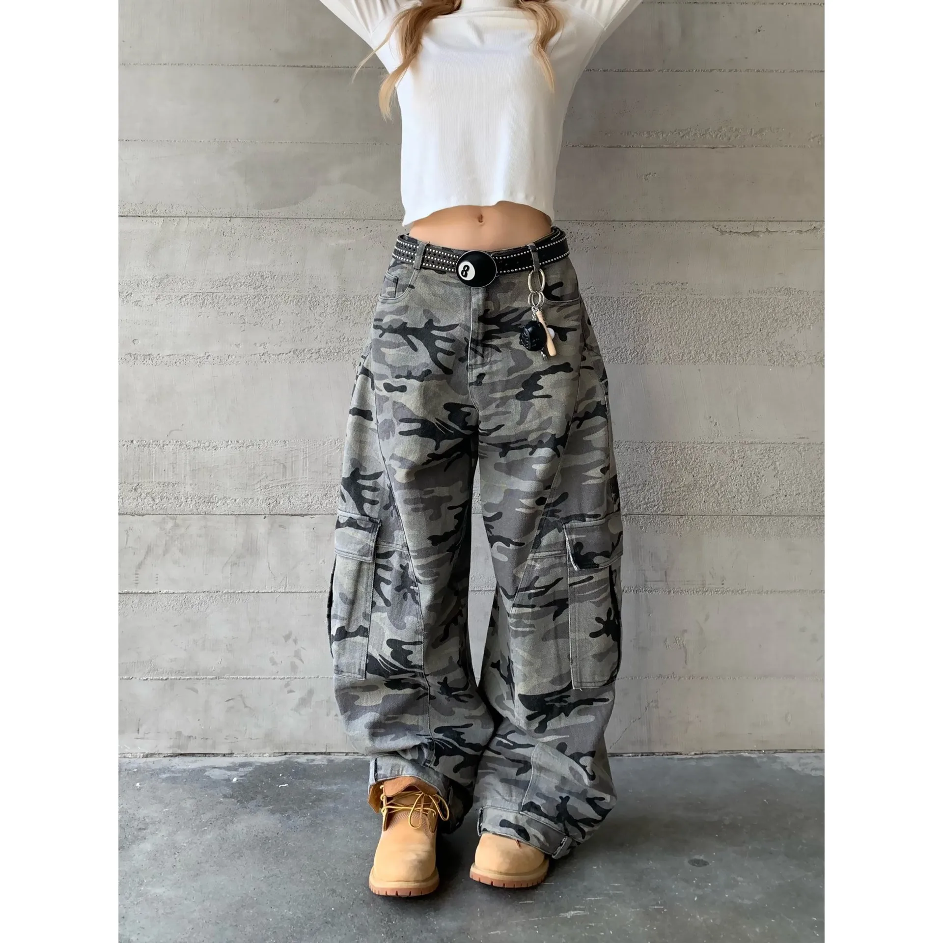 

American Retro Camouflage Workwear Scimitar Jeans Long Autumn New Loose Fit Wide Leg Casual Pants Trendy