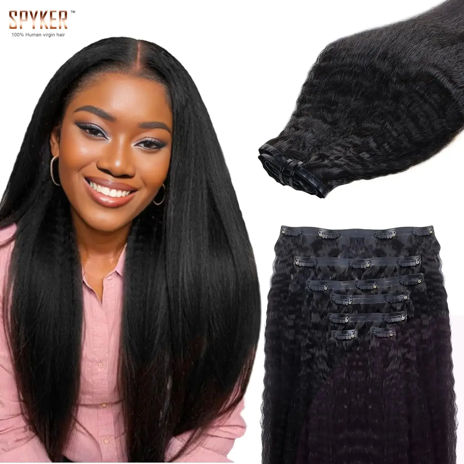 

SPYKER Kinky Straight PU Clip In Extensions Human Hair Invisible Seamless Clip Ins Hair Extension For Women Full Head 110g/7pcs