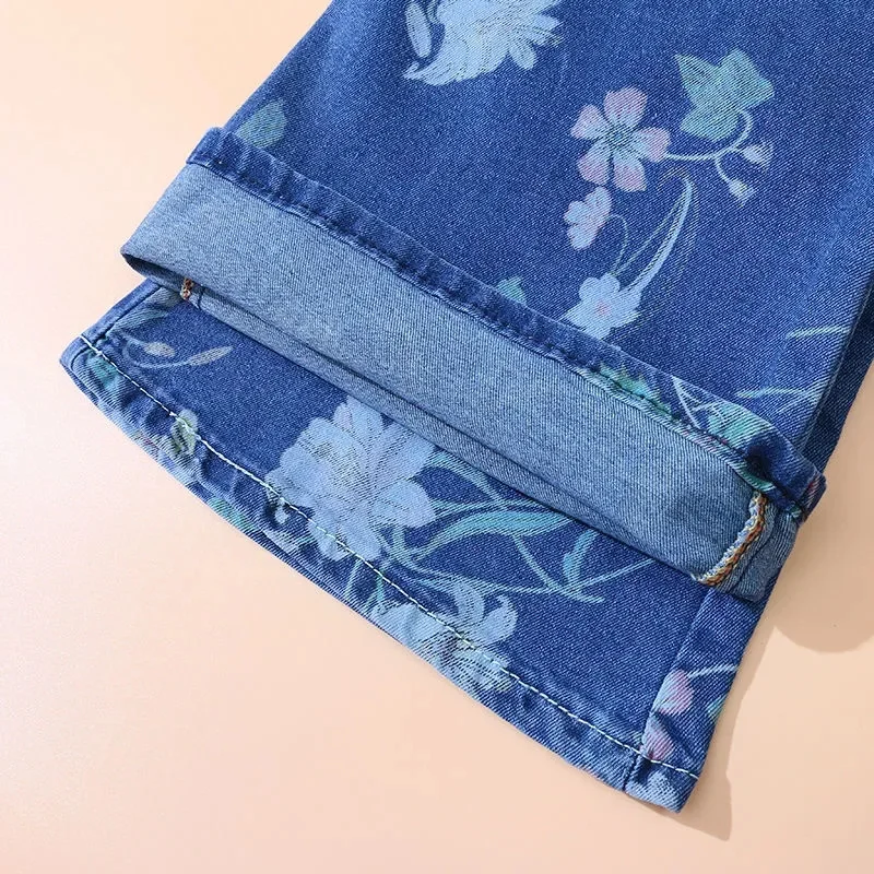 Thin Print Jeans Elastic Micro-Trumpet Jeans Female Summer High Waist Joker Personality Traight Tube Denim Long Pants Women